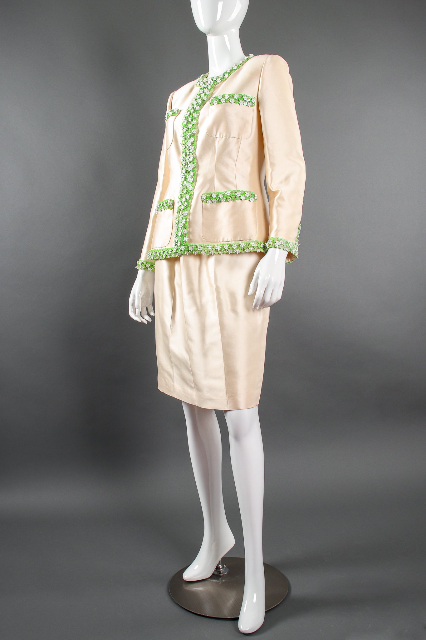 Vintage Chanel 1996P Daisy Bead Jacket & Skirt Suit Bridal Wedding on Mannequin front @ Recess LA