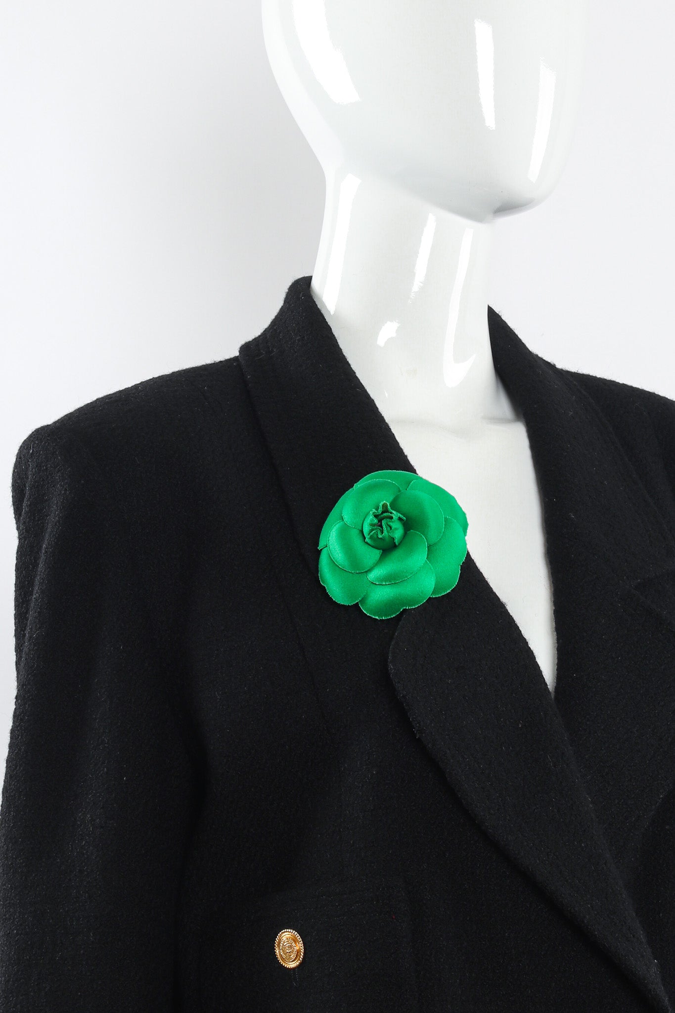 Vintage Chanel Camellia Flower Pin III on mannequin angle @ Recess LA