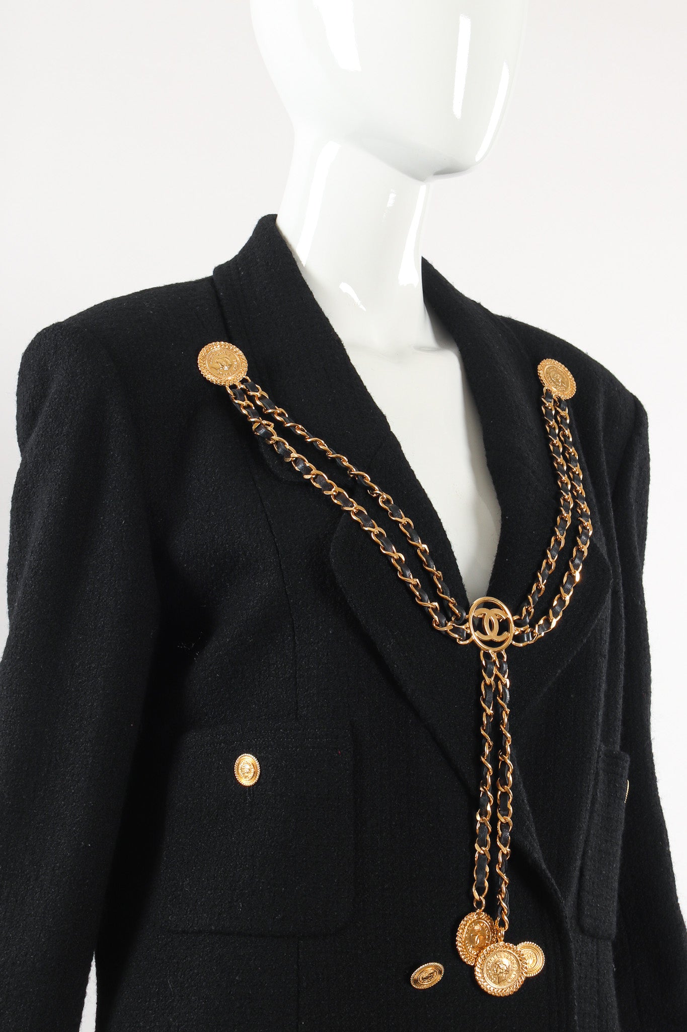 Vintage Chanel Leather Chain Triple Collar Pin on mannequin angle @ Recess LA