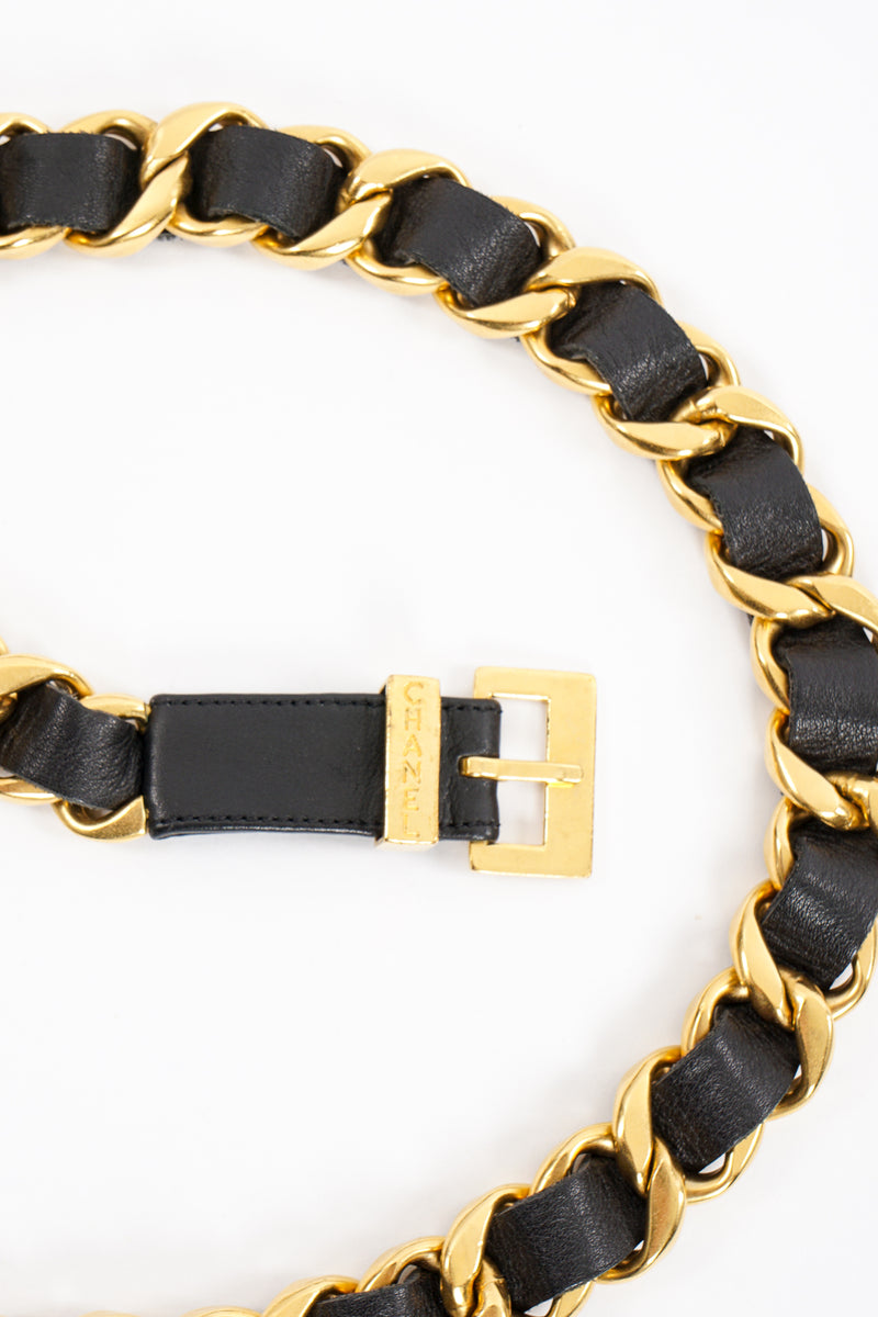 Chanel Vintage Gold Chain Belt with Black Leather Buckle For Sale