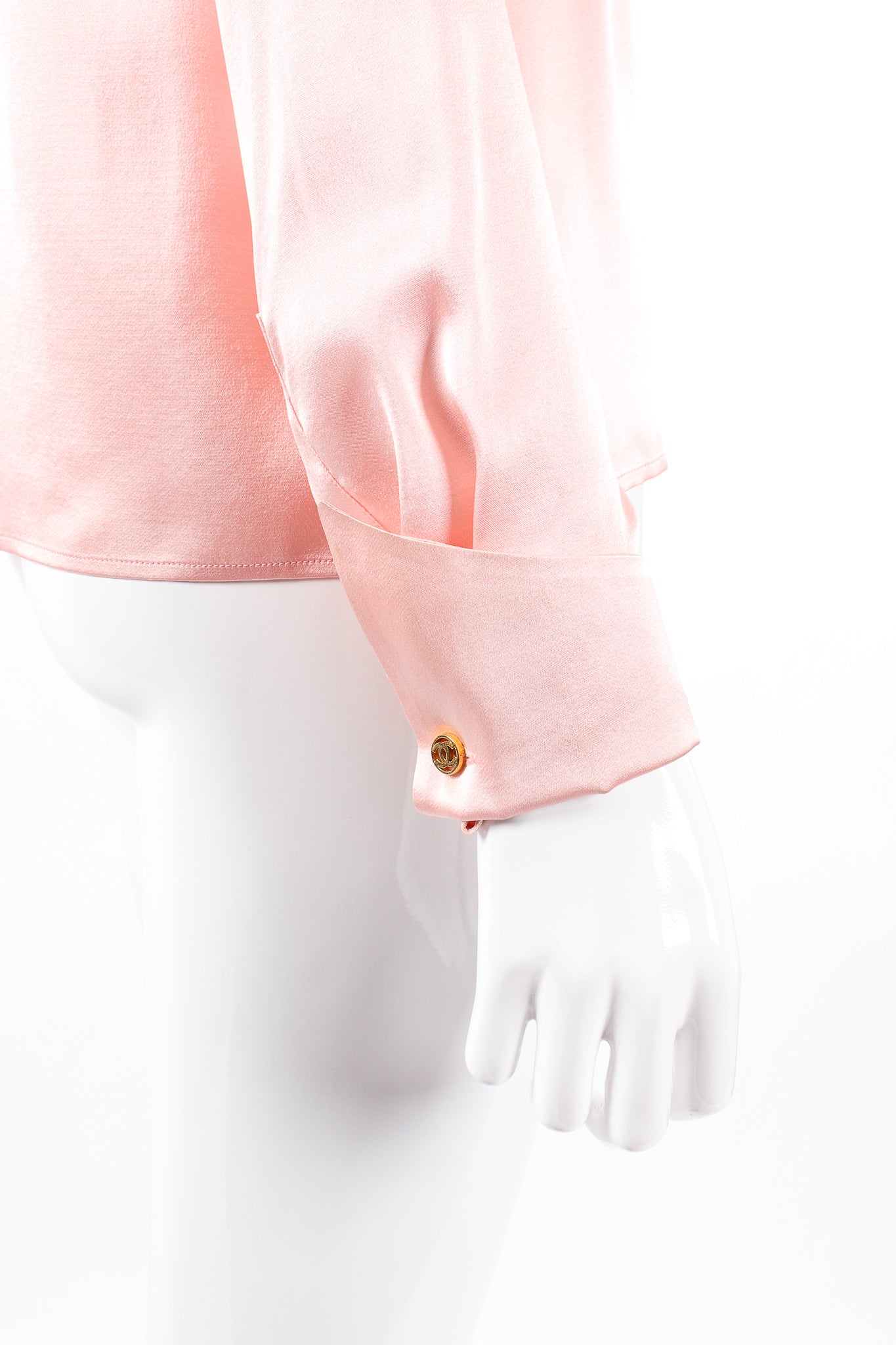 Vintage Chanel Interlocking CC Logo Pocket Pajama Blouse on Mannequin french cuff at Recess LA