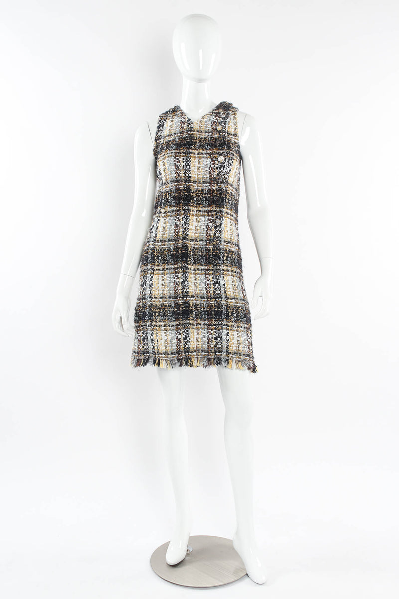 CHANEL 2014 Black White Boucle Tweed Fringe Sleeveless Shift Mini Dress  Size 36