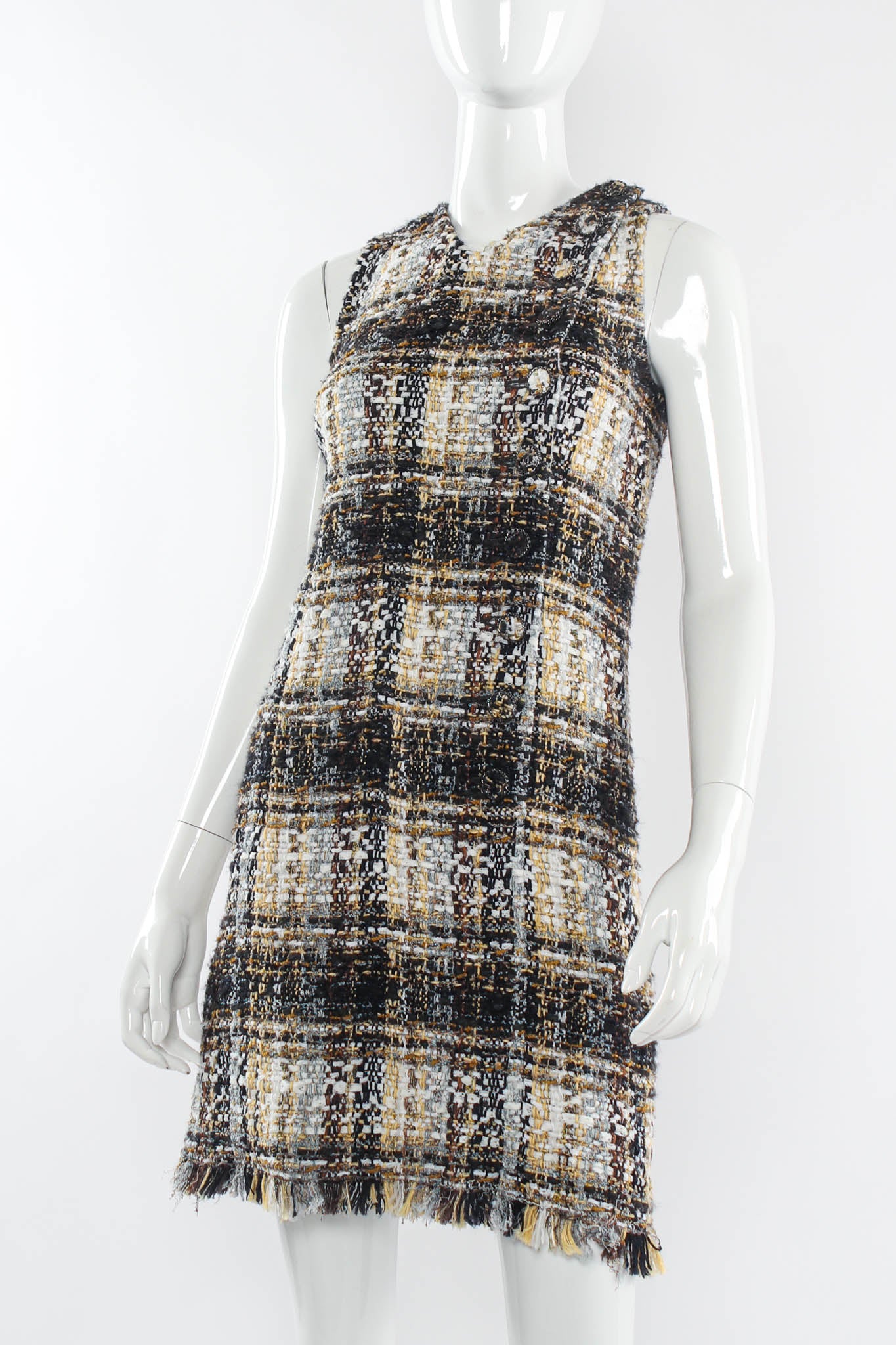 Vintage Chanel 2000s Plaid Boucle Sheath Dress mannequin close angle @ Recess LA