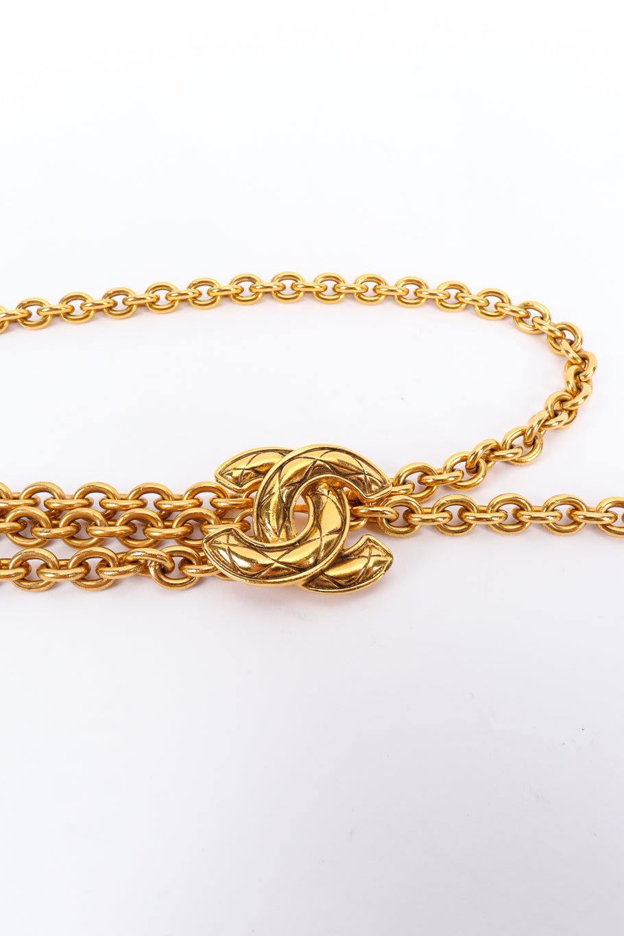Vintage Chanel Quilted CC Charm Chain Drape Belt chain close @ Recess LA