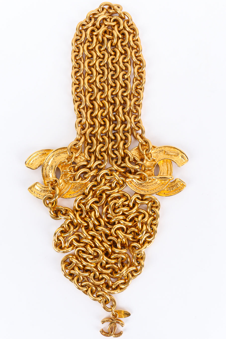 Vintage Chanel Quilted CC Charm Chain Drape Belt cluster back @ Recess LA