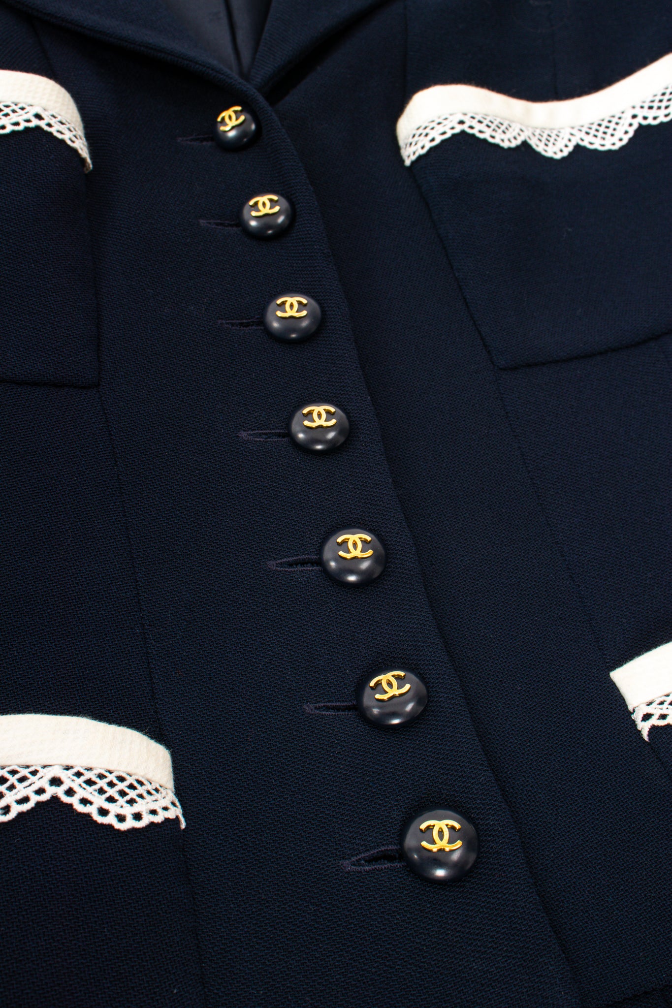 Vintage Chanel 1995C Lace Trim Pleated Uniform Dress buttons at Recess Los Angeles
