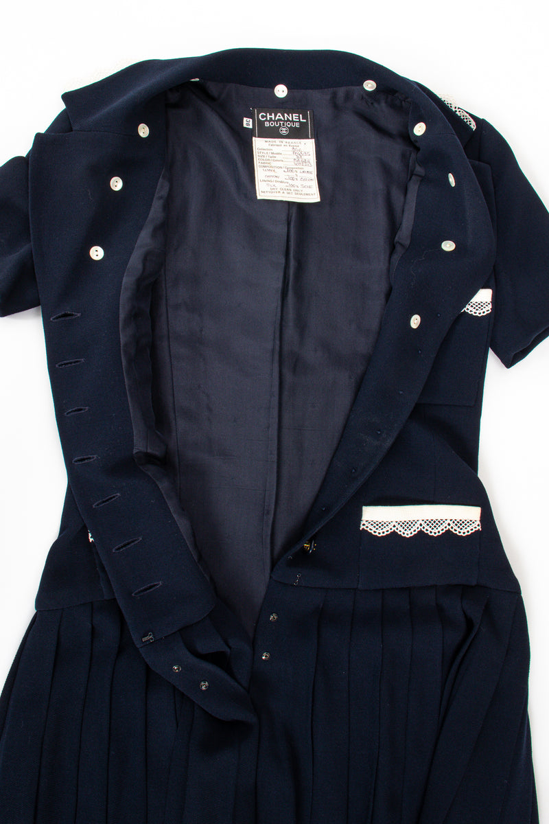Vintage Chanel 1995C Lace Trim Pleated Uniform Dress open lining at Recess Los Angeles