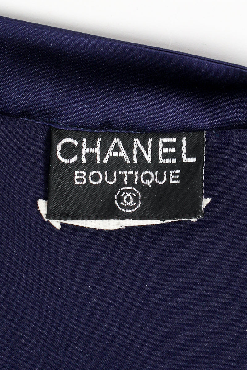 Vintage Chanel Navy Satin Button Pocket Blouse label at Recess Los Angeles