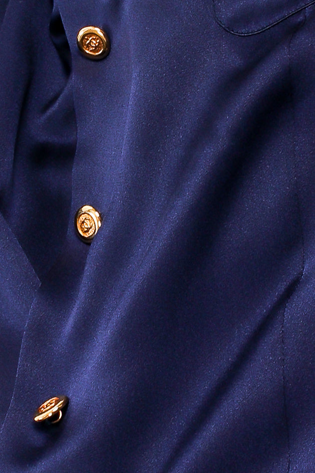 Vintage Chanel Navy Satin Button Pocket Blouse fabric detail at Recess Los Angeles