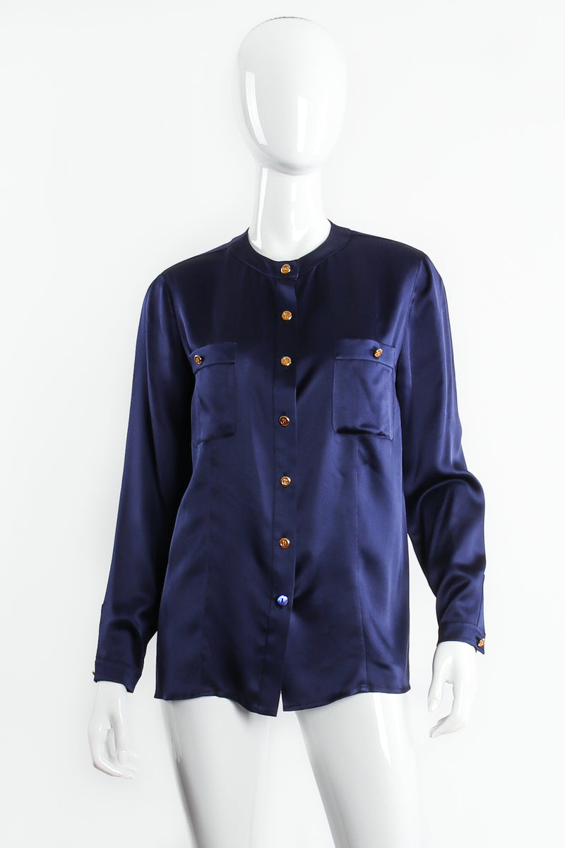 Vintage Chanel Navy Satin Button Pocket Blouse on mannequin front at Recess Los Angeles