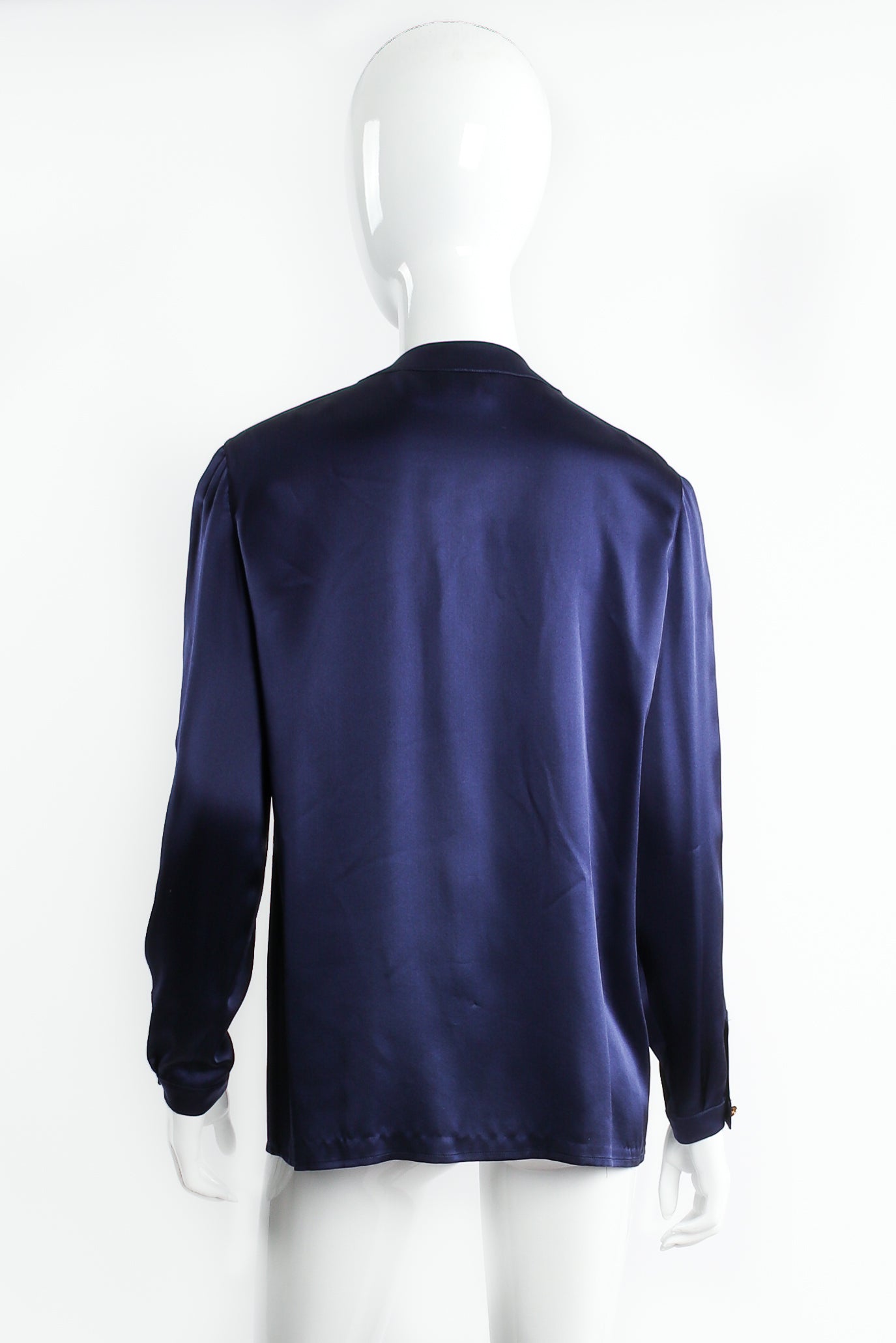 Vintage Chanel Navy Satin Button Pocket Blouse on mannequin back at Recess Los Angeles