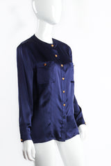 Vintage Chanel Navy Satin Button Pocket Blouse on mannequin angle at Recess Los Angeles