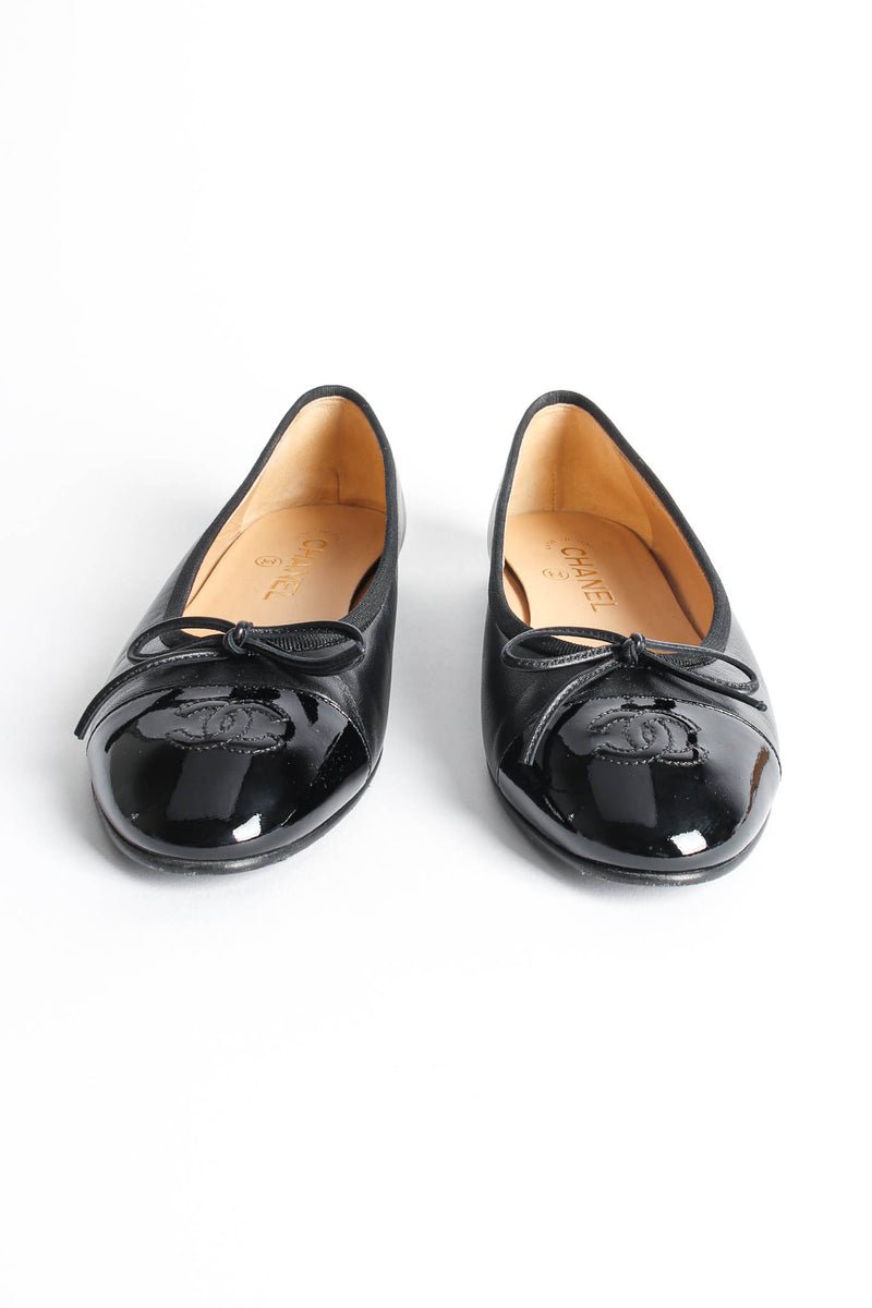 Chanel Navy Blue Quilted Patent Leather CC Cap Toe Ballet Flats Size 5.5/36  - Yoogi's Closet