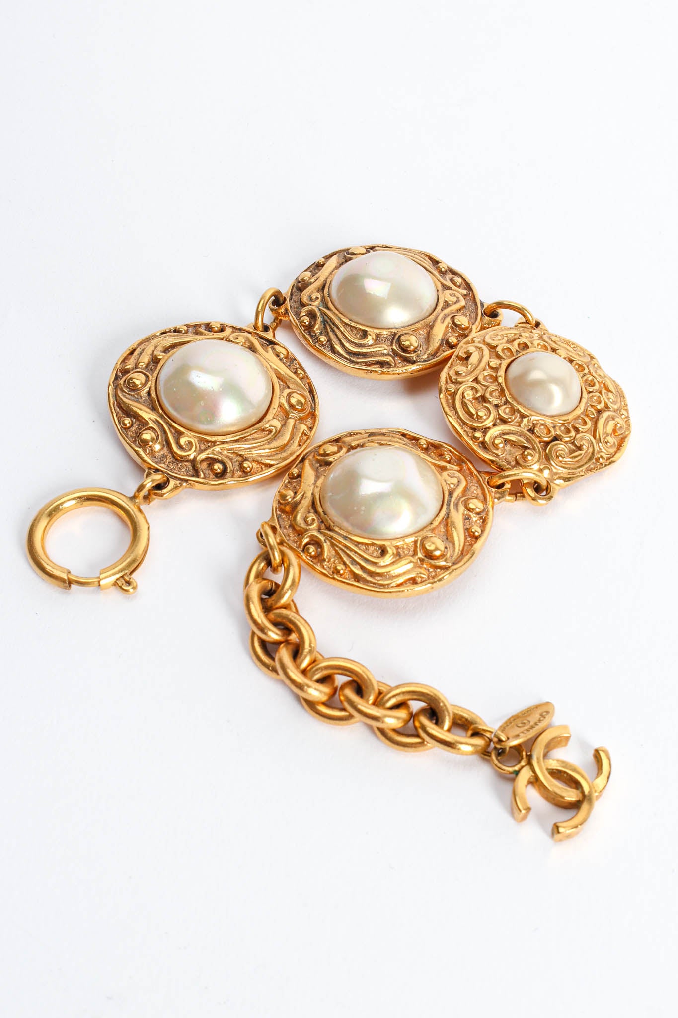 Pre-owned Chanel 1994 Faux-pearl Dangle Cc Earrings In Gold