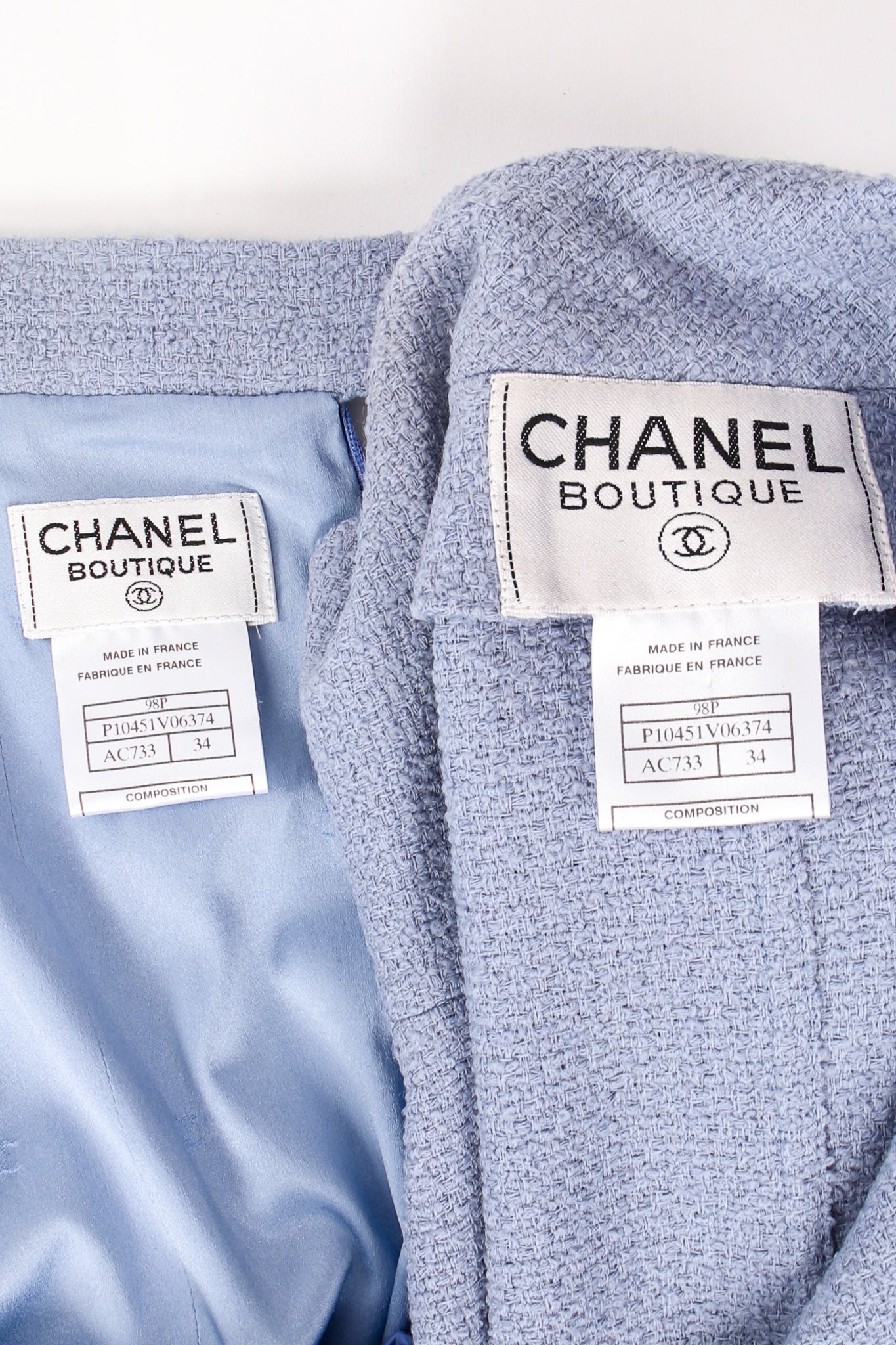 Vintage Chanel 1998P Seamed Tweed Skirt Set labels at Recess Los Angeles