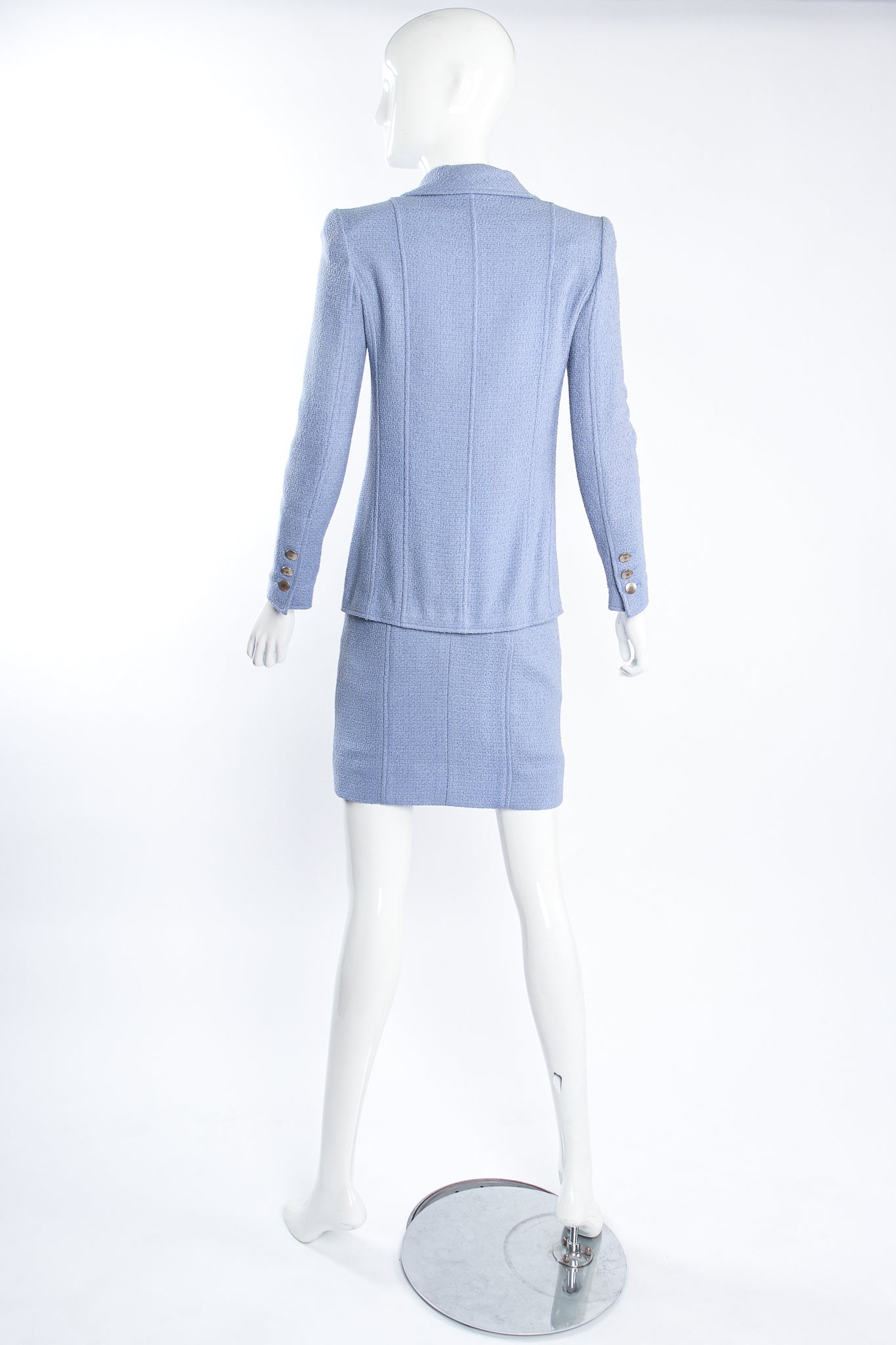 Vintage Chanel 1998P Seamed Tweed Jacket & Skirt Set on mannequin back at Recess Los Angeles
