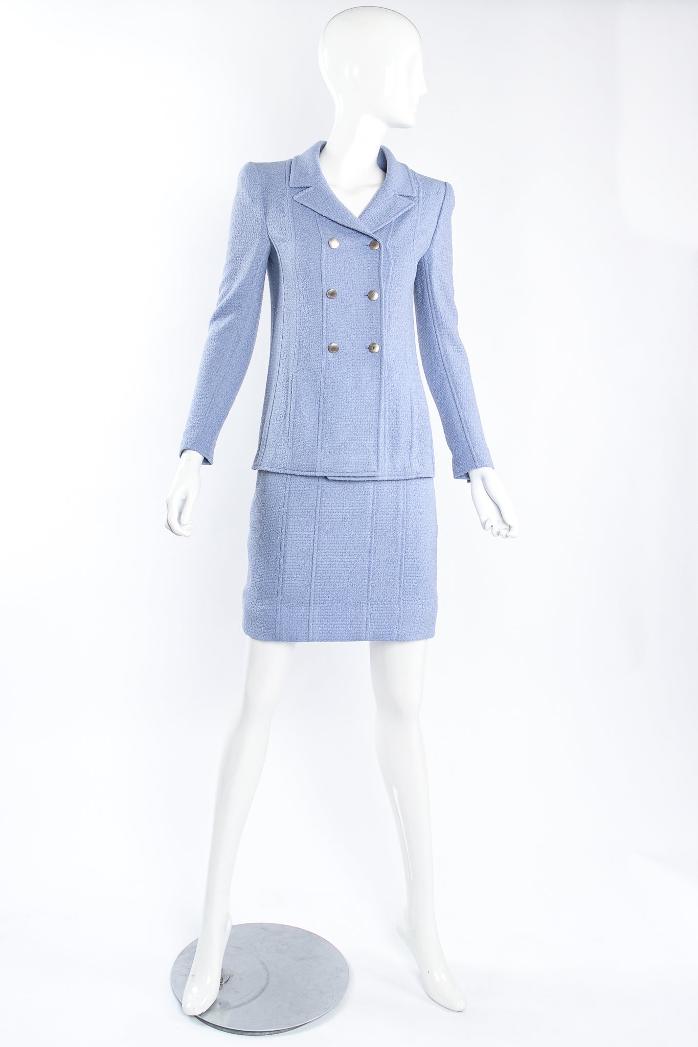Vintage Chanel 1998P Seamed Tweed Jacket & Skirt Set on mannequin front at Recess Los Angeles
