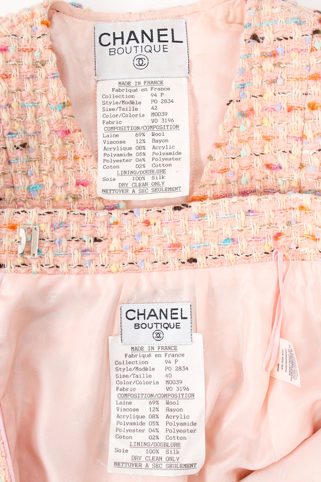 Vintage Chanel SS 1994 Runway Bouclé Tweed Vent Jacket & Skirt Set labels @ Recess Los Angeles