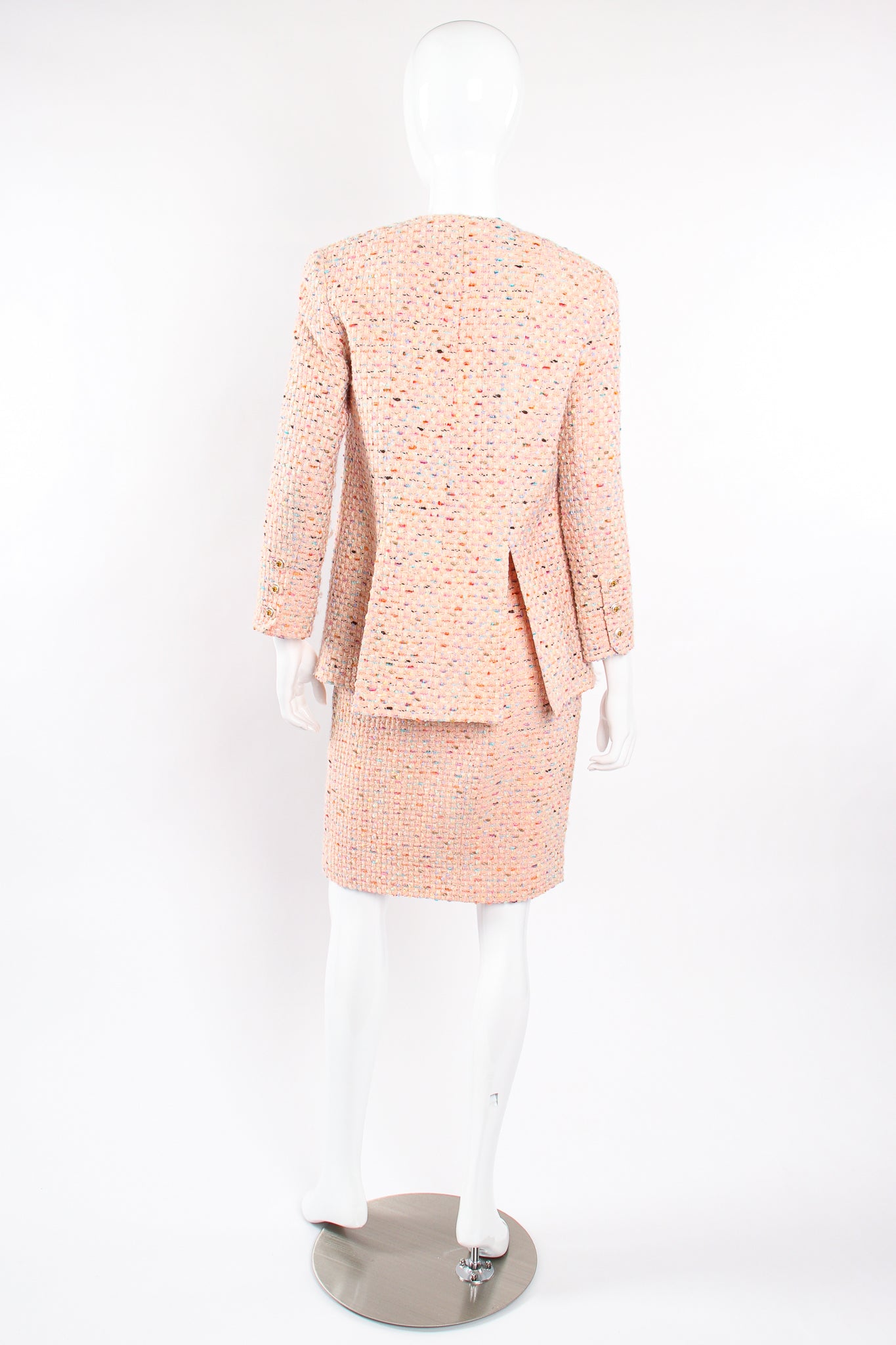 Vintage Chanel SS 1994 Runway Bouclé Tweed Vent Jacket & Skirt Set on Mannequin back at Recess LA