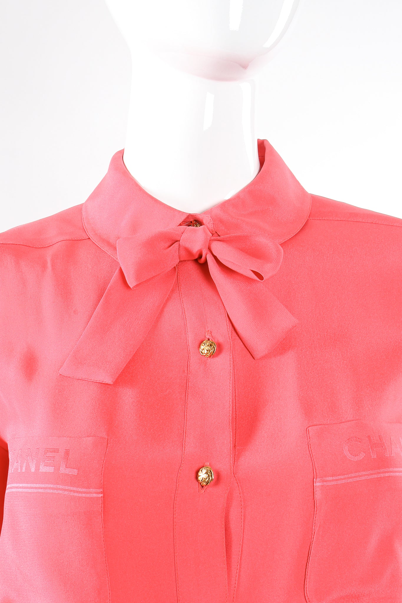 Vintage Chanel Silk Ribbon Tie Shirt on Mannequin neck at Recess Los Angeles
