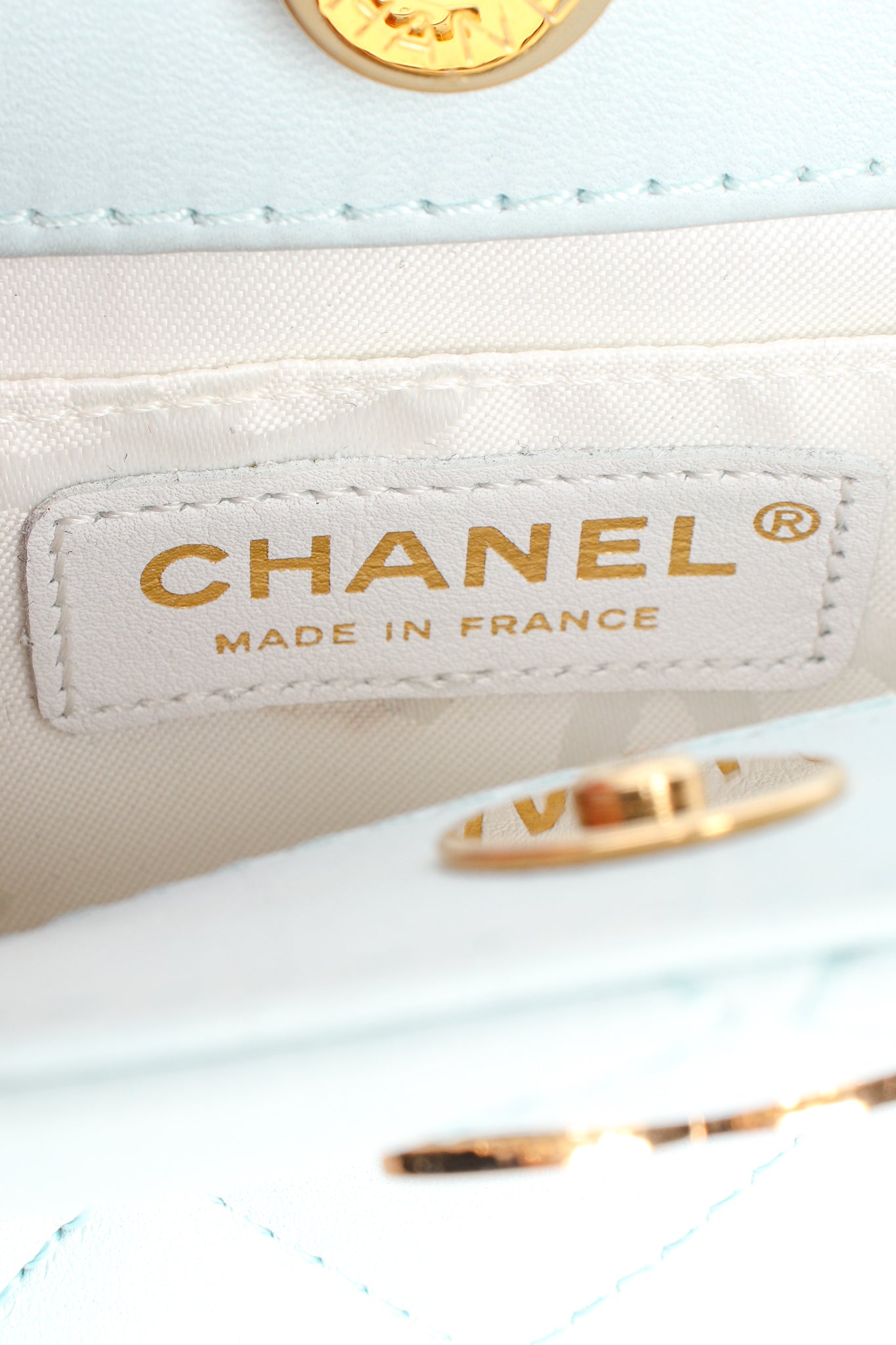 Vintage Chanel Powder Blue Quilted Mini Tote label at Recess Los Angeles
