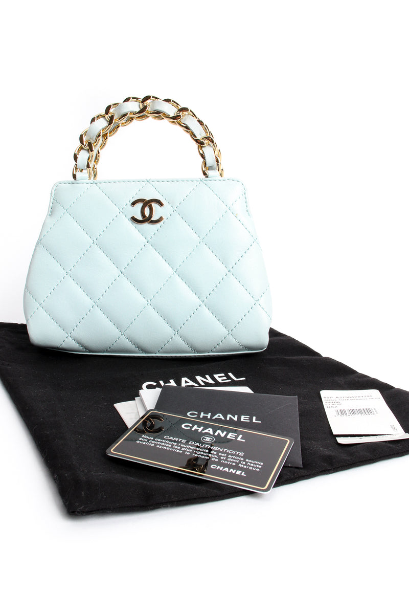 Vintage Chanel Powder Blue Quilted Mini Tote dustbag authenticity card at Recess Los Angeles