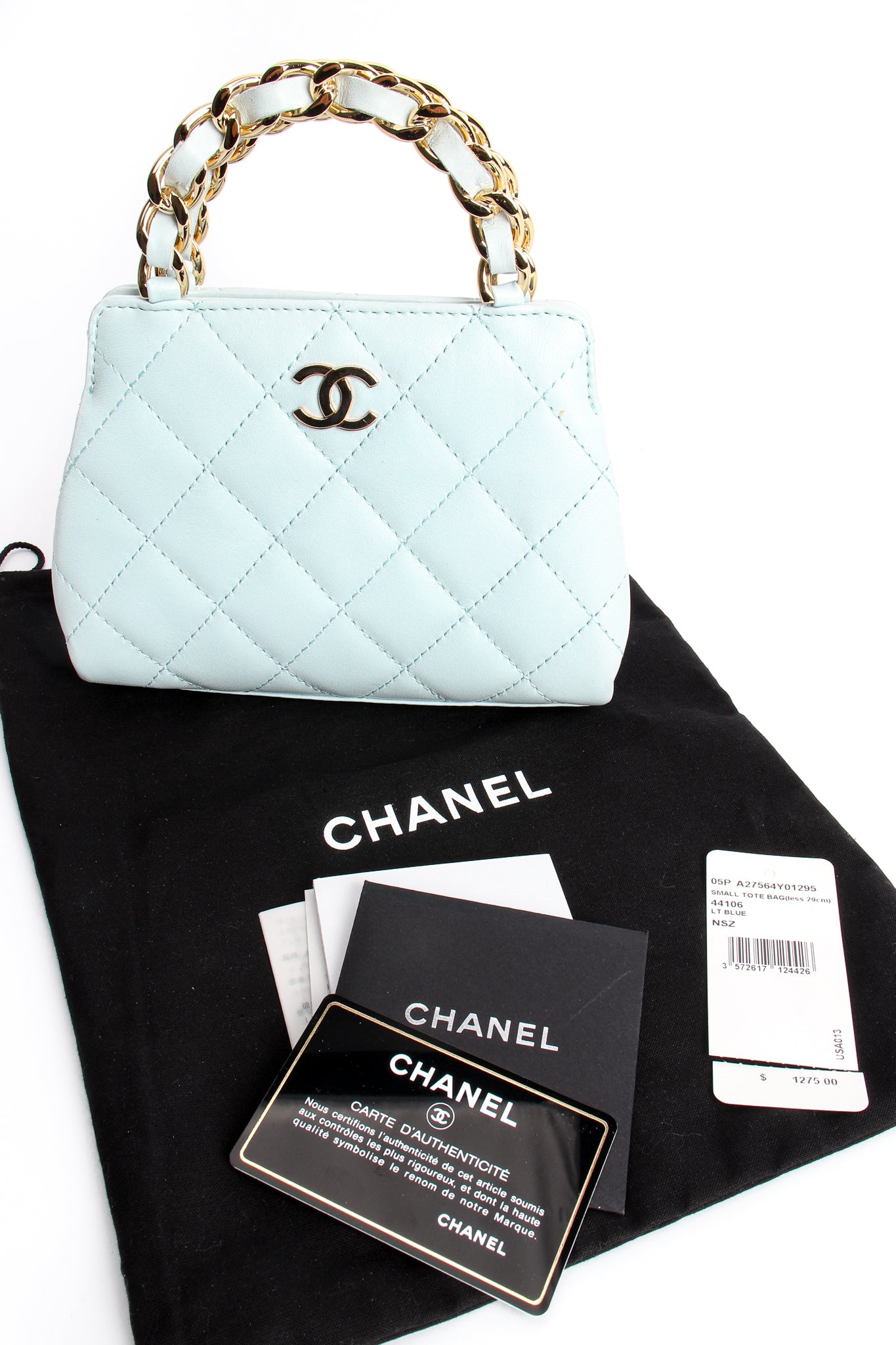 Vintage Chanel Powder Blue Quilted Mini Tote dustbag authenticity card at Recess Los Angeles