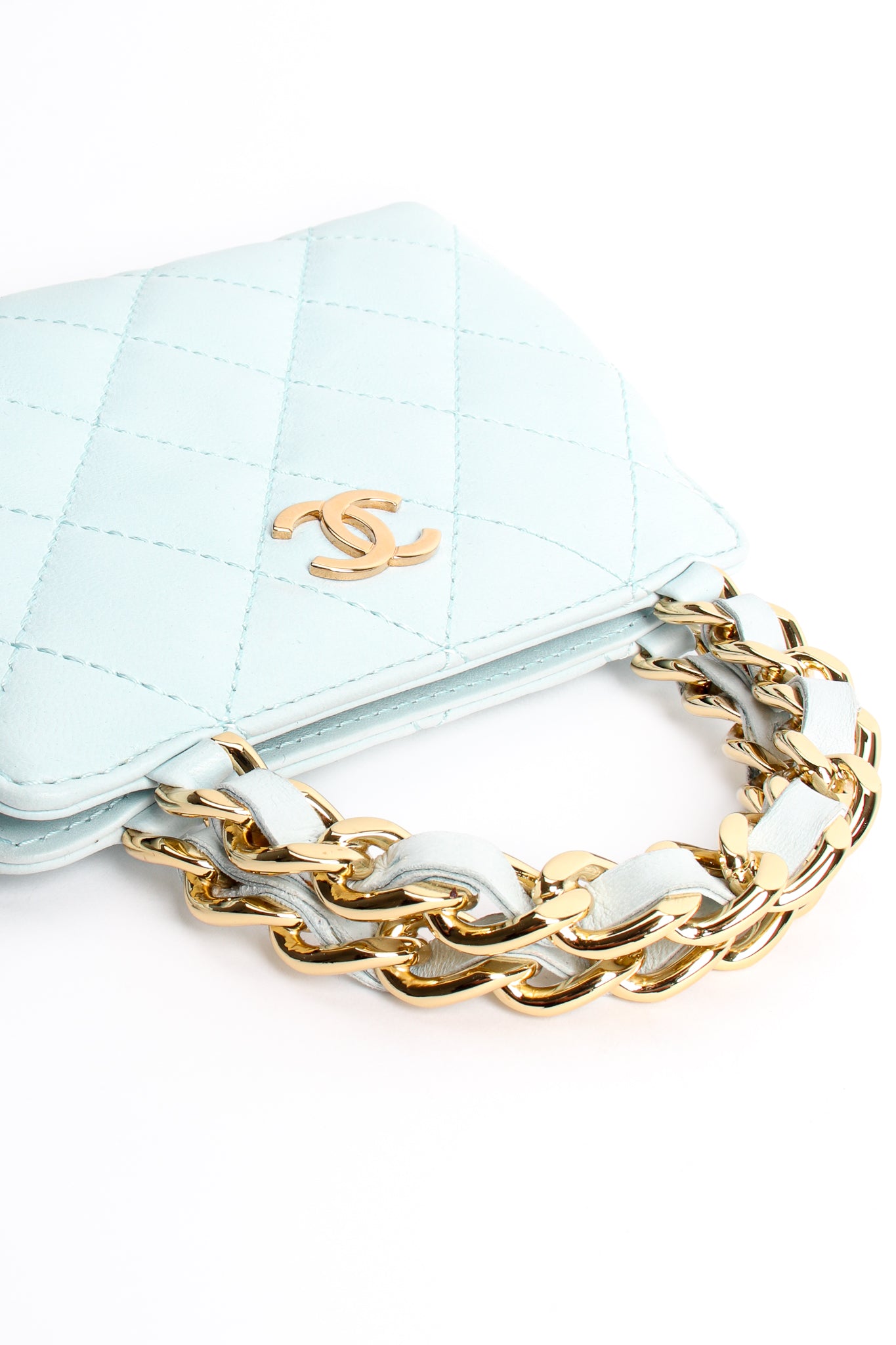 Vintage Chanel Powder Blue Quilted Mini Tote handle at Recess Los Angeles