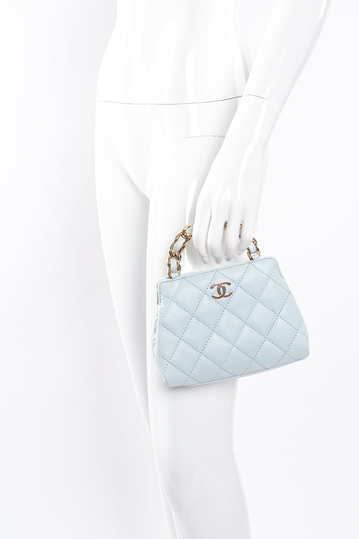 Vintage Chanel Powder Blue Quilted Mini Tote on mannequin at Recess Los Angeles