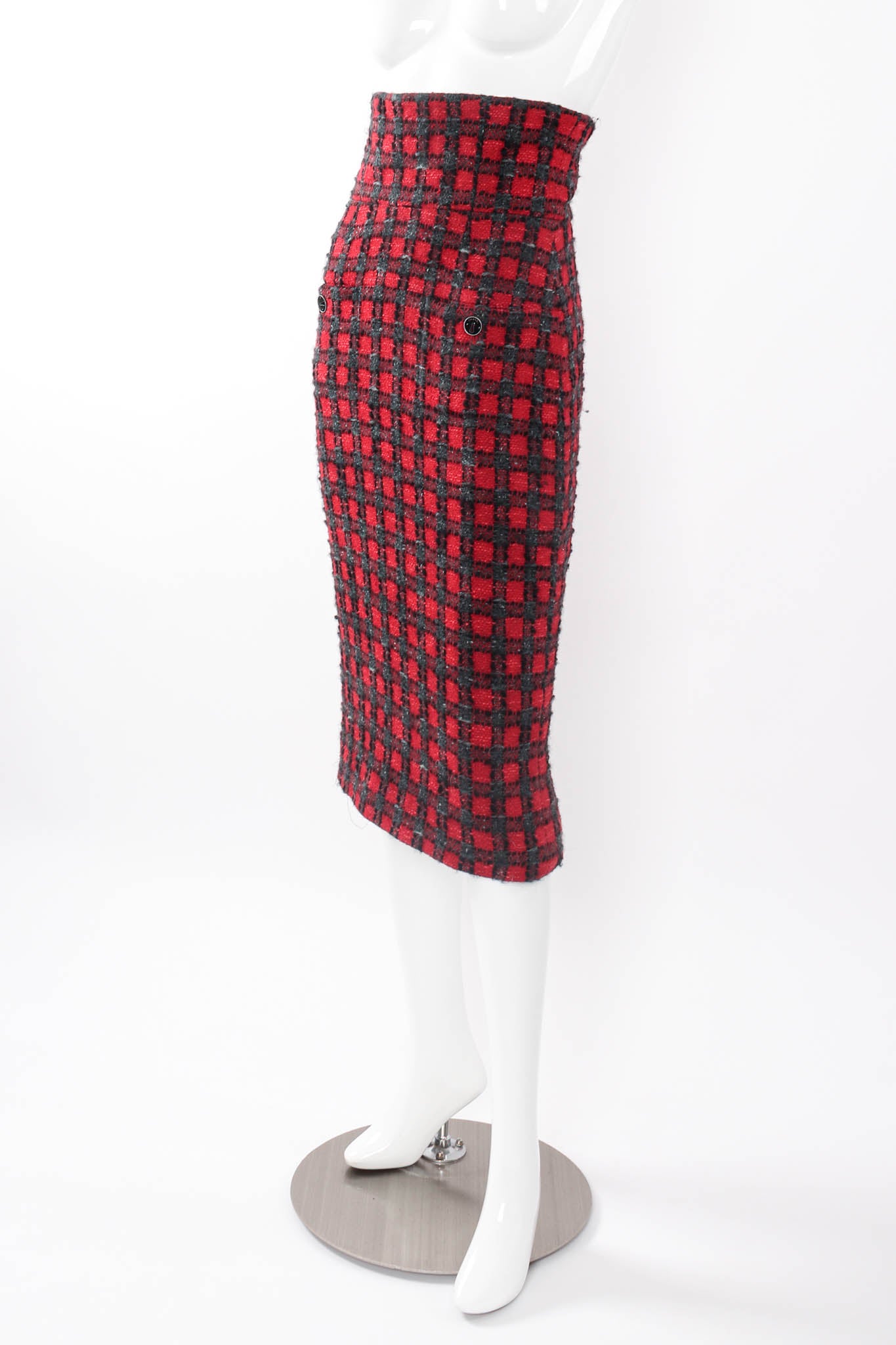 Chanel A/W 2007 High-Waisted Checkered Plaid Skirt side on mannequin at Recess LA