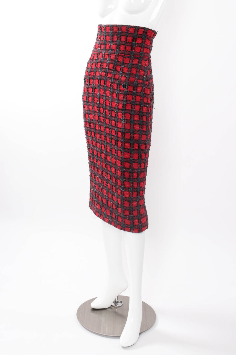 Chanel A/W 2007 High-Waisted Checkered Plaid Skirt side on mannequin at Recess LA