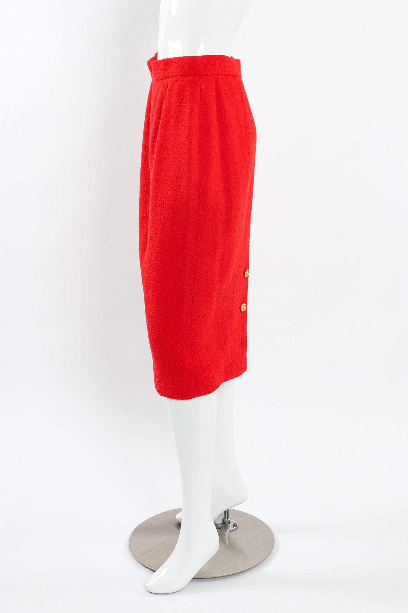 Vintage Chanel Boucle Wool Jacket & Skirt Set mannequin skirt side @ Recess LA
