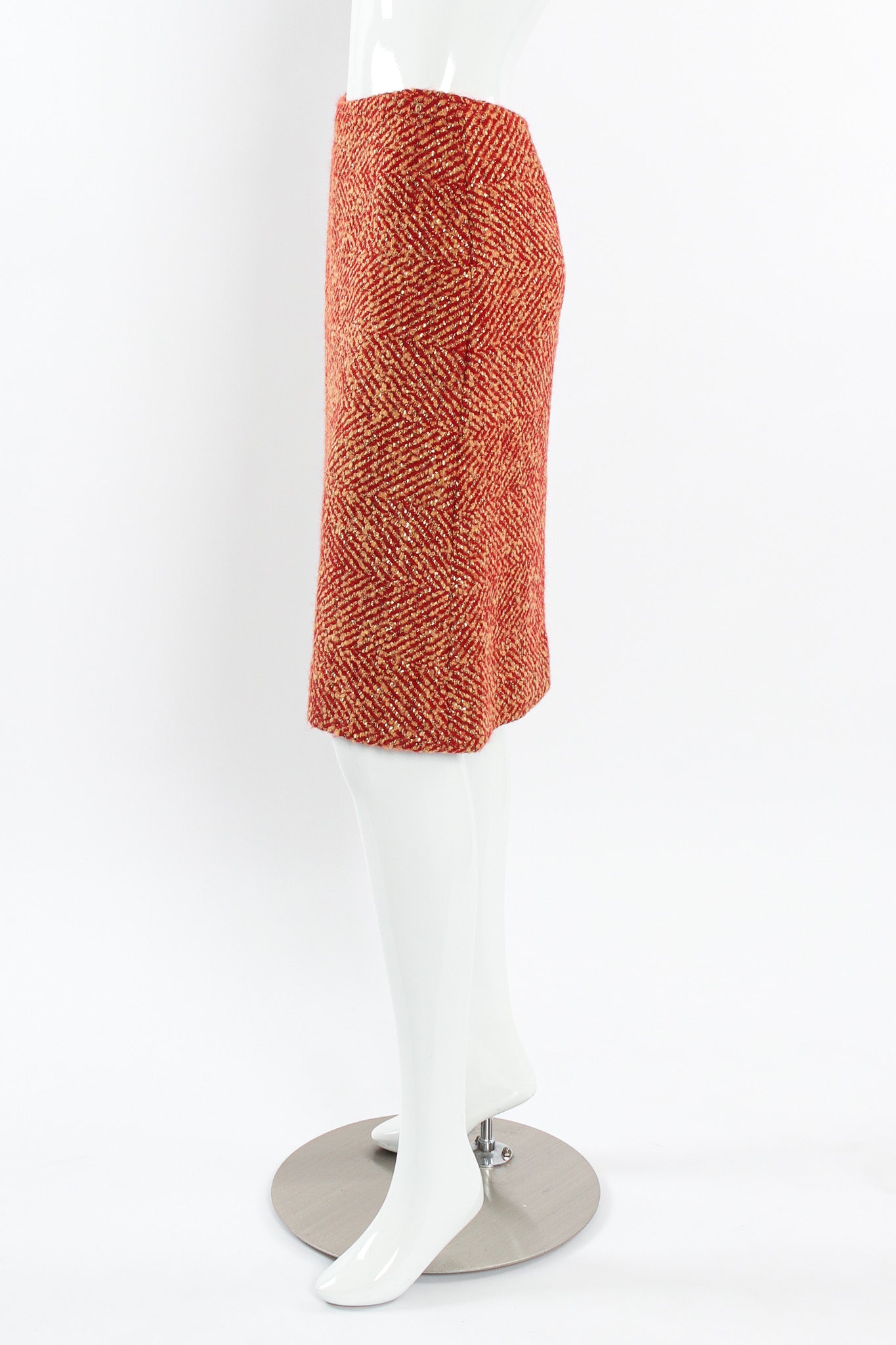 Vintage Chanel 2000A Metallic Speckle Tweed Set mannequin skirt side @ Recess Los Angeles