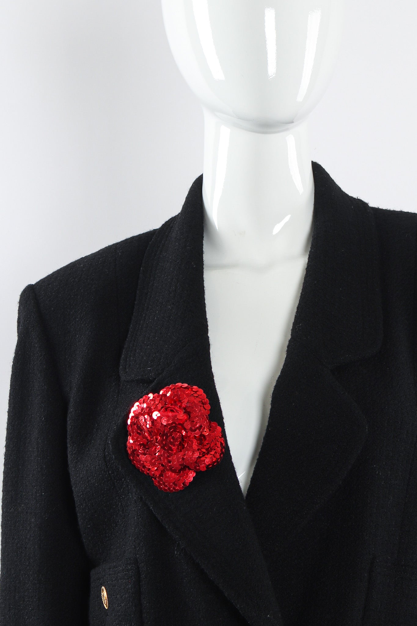 Vintage Chanel Camellia Sequin Flower Pin on mannequin @ Recess LA