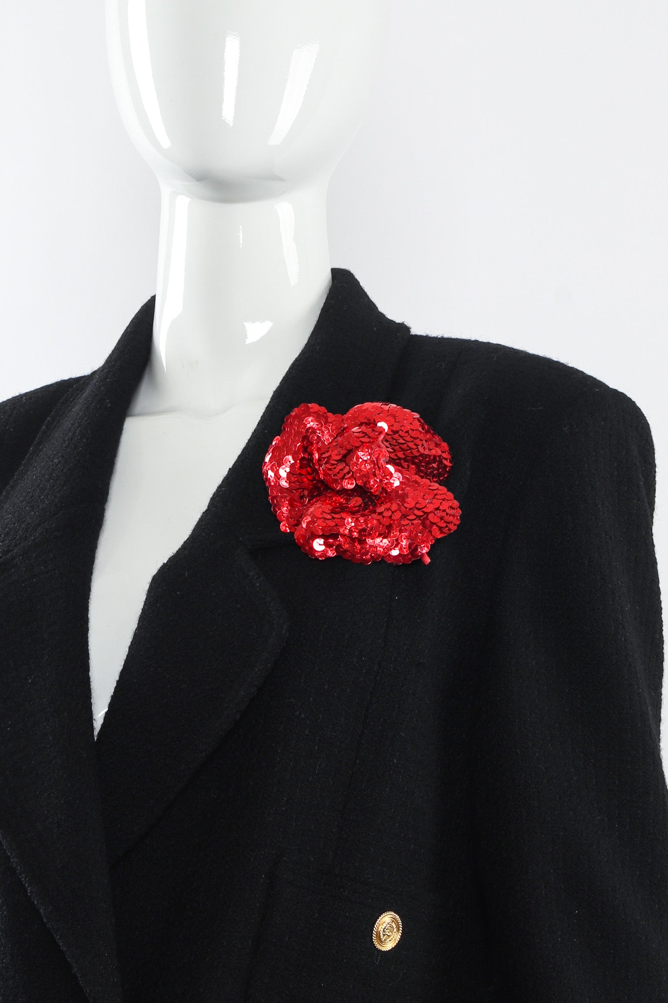 Vintage Chanel 1985 Red Sequin Camellia Flower Pin on mannequin @ Recess LA