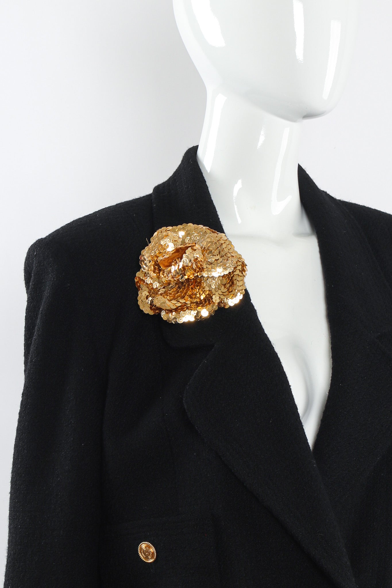 VIntage Chanel 1985 Gold Sequin Camellia Flower Pin on mannequin @ Recess LA