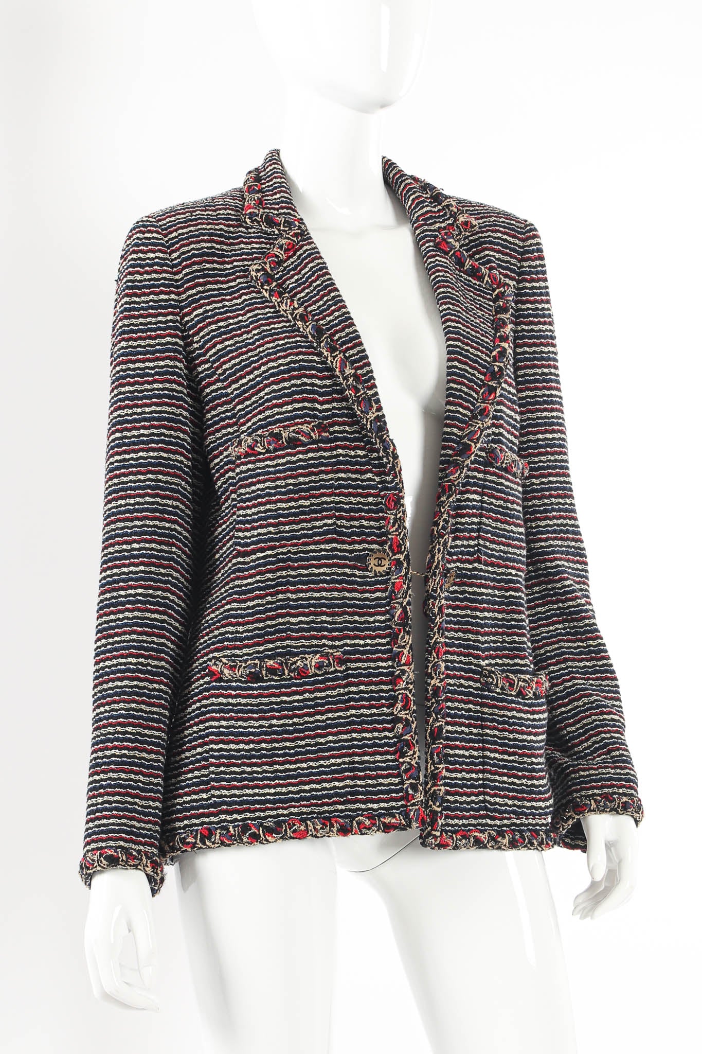 Vintage Chanel 2011 Woven Stripe Blazer mannequin angle chain buttoned @ Recess Los Angeles