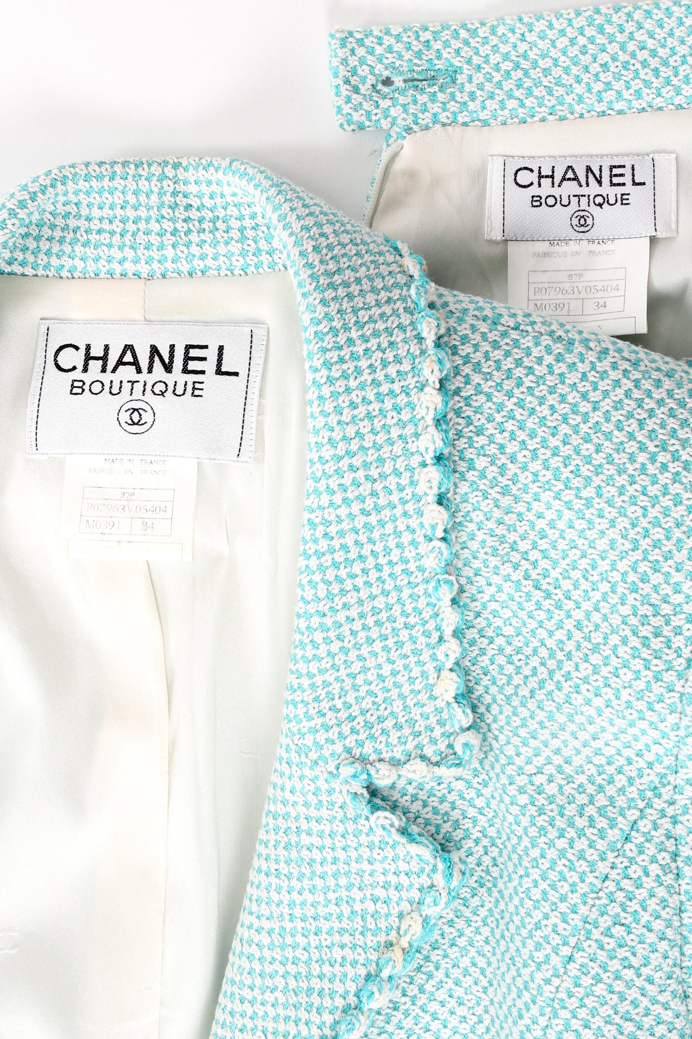 Vintage Chanel 1997P Micro Check Tweed Jacket & Skirt Set labels at Recess Los Angeles