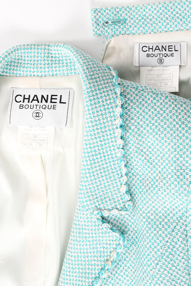 Vintage Chanel 1997P Micro Check Tweed Jacket & Skirt Set labels at Recess Los Angeles