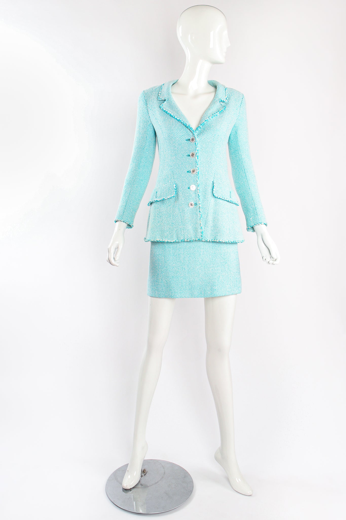 Vintage Chanel 1997P Micro Check Tweed Jacket & Skirt Set on mannequin front at Recess Los Angeles