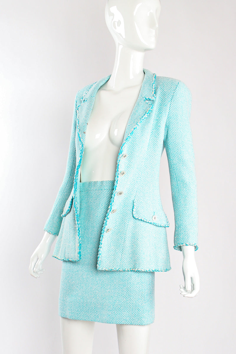Vintage Chanel 1997P Micro Check Tweed Jacket & Skirt Set on mannequin open at Recess Los Angeles