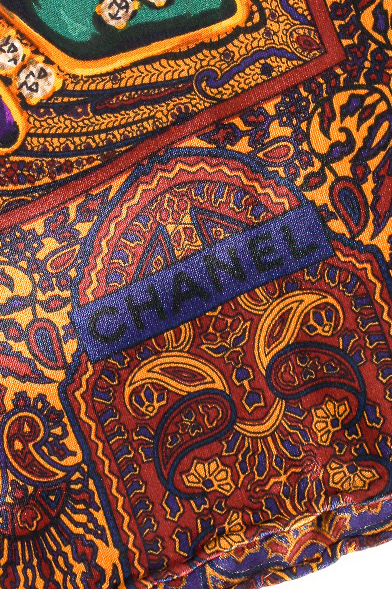 Vintage Chanel Paisley Jewel Print Silk Scarf Closeup Signature at Recess LA