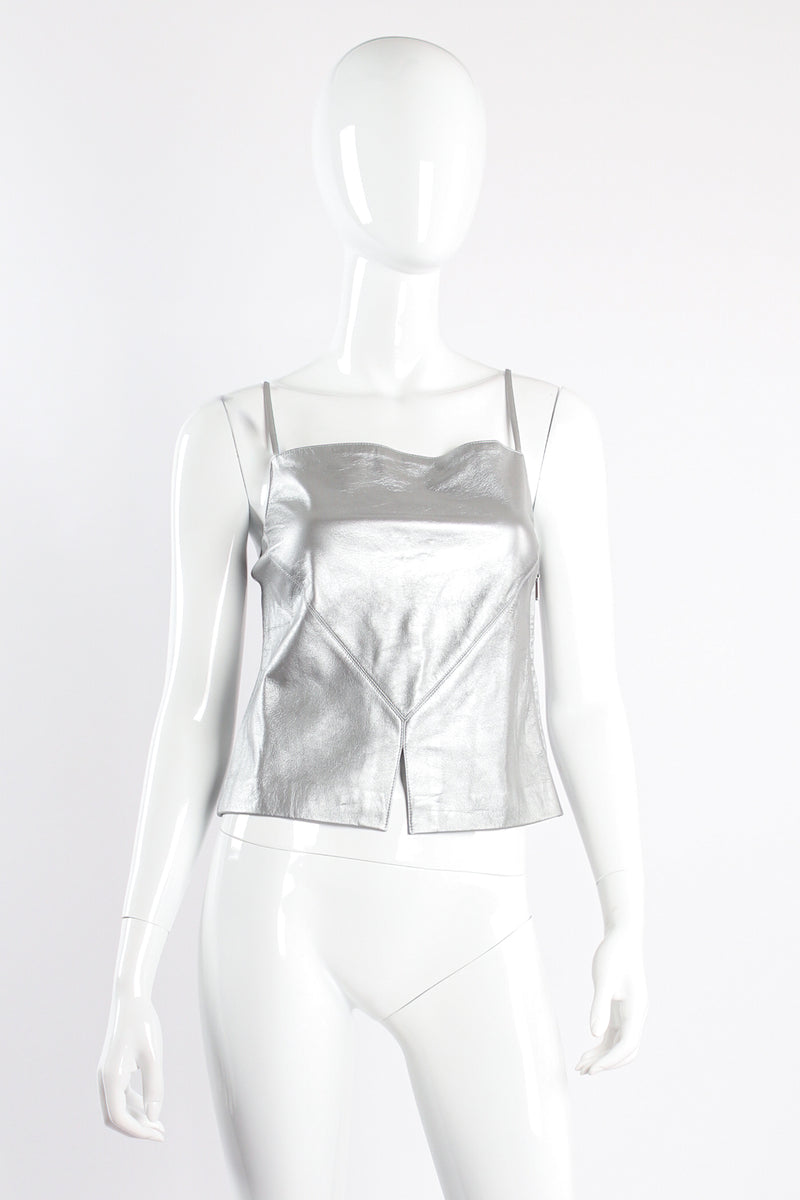 Vintage Chanel S/S 1999 Silver Pearl Leather Tank on mannequin front at Recess Los Angeles