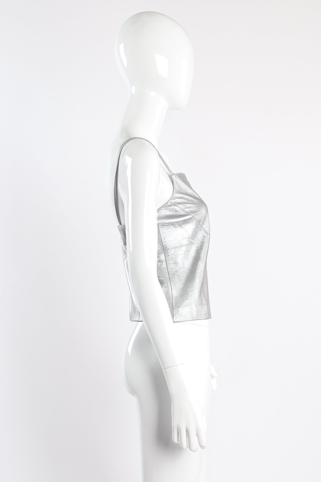 Vintage Chanel S/S 1999 Silver Pearl Leather Tank on mannequin side at Recess Los Angeles