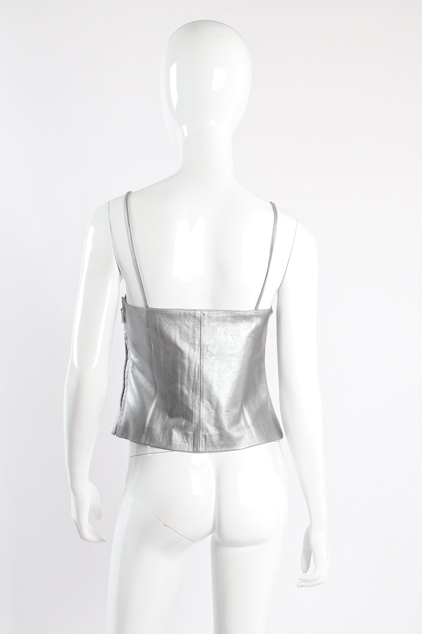 Vintage Chanel S/S 1999 Silver Pearl Leather Tank on mannequin back at Recess Los Angeles