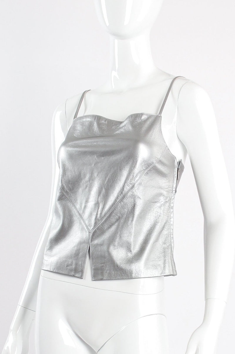 Vintage Chanel S/S 1999 Silver Pearl Leather Tank on mannequin angle at Recess Los Angeles