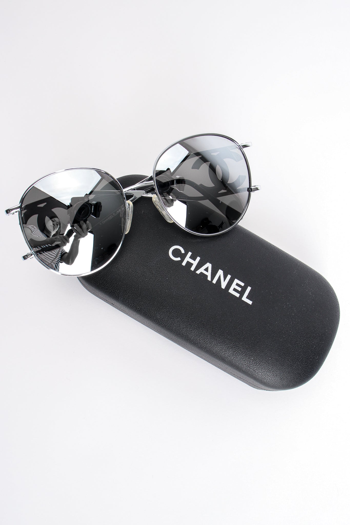Vintage Chanel 1990s Miller Silver Mirror CC Sunglasses with case at Recess Los Angeles