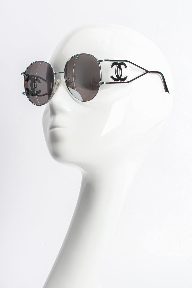 Vintage Chanel 1990s Miller Silver Mirror CC Sunglasses on mannequin at Recess Los Angeles