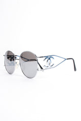 Vintage Chanel 1990s Miller Silver Mirror CC Sunglasses angle at Recess Los Angeles