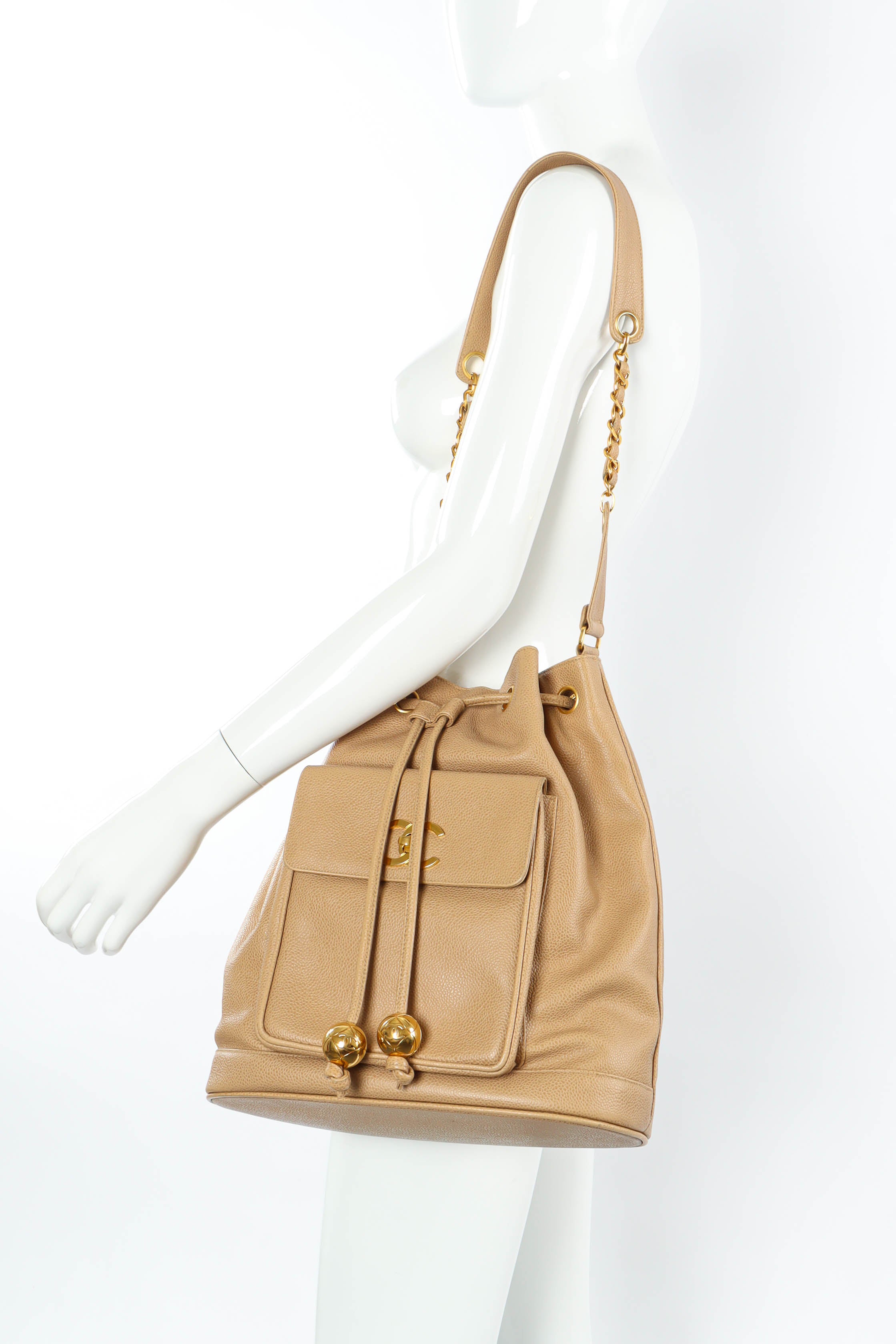 Vintage 1990 Chanel CC Logo Bucket Bag mannequin shoulder angle @ Recess LA